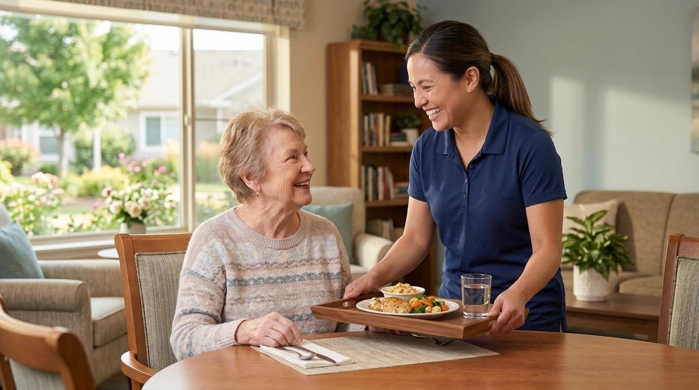 A smiling older adult relaxes in senior living while a caregiver delivers breakfast.
