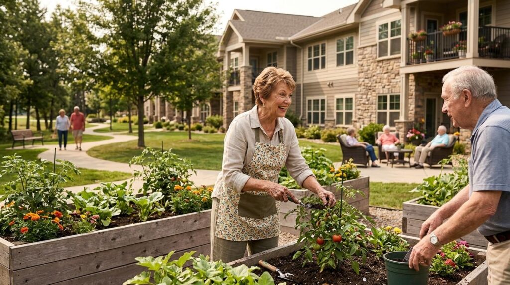 A smiling older adult enjoys independence in a garden at an assisted living community.