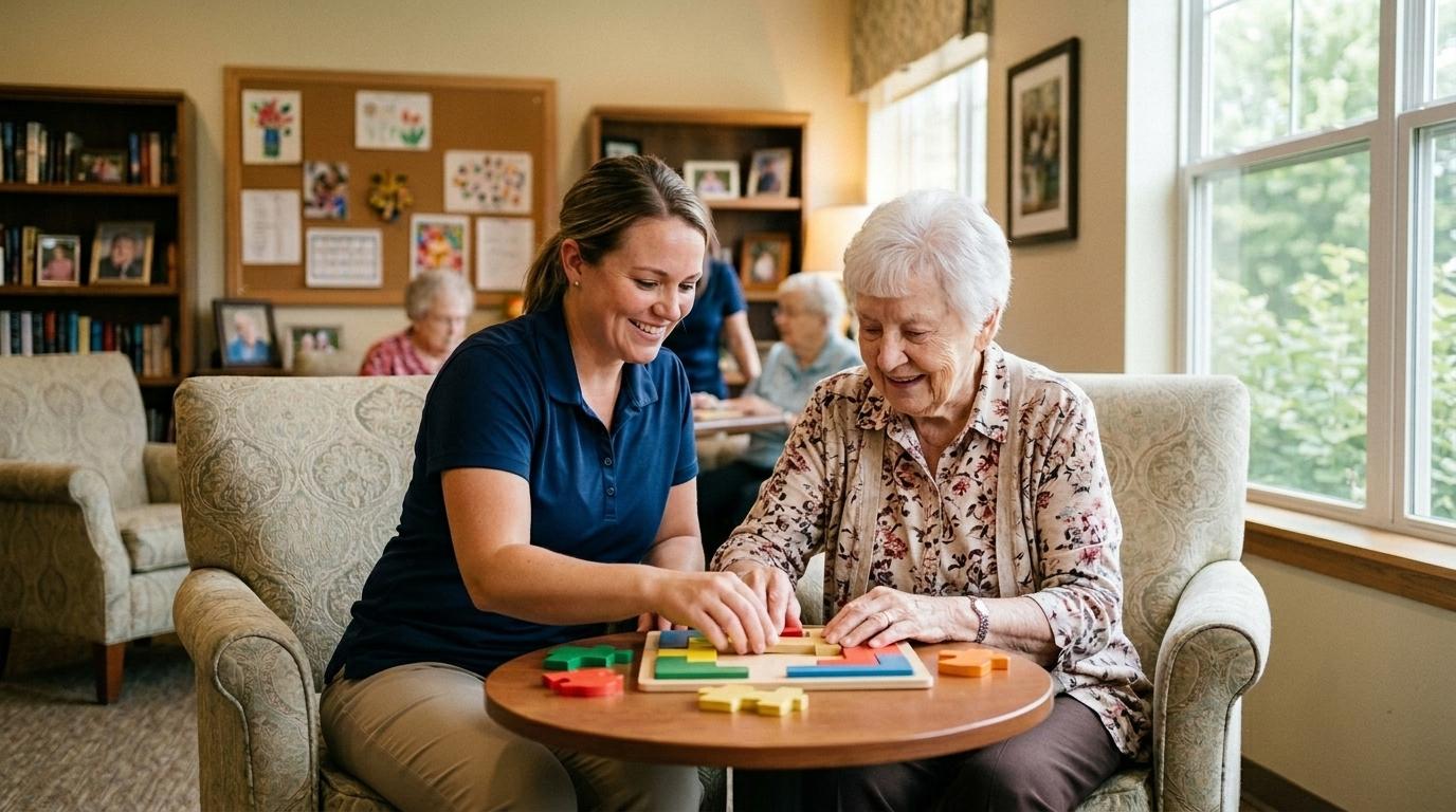 An adult gently helps an older person with dementia, offering calm, compassionate support while doing a puzzle.