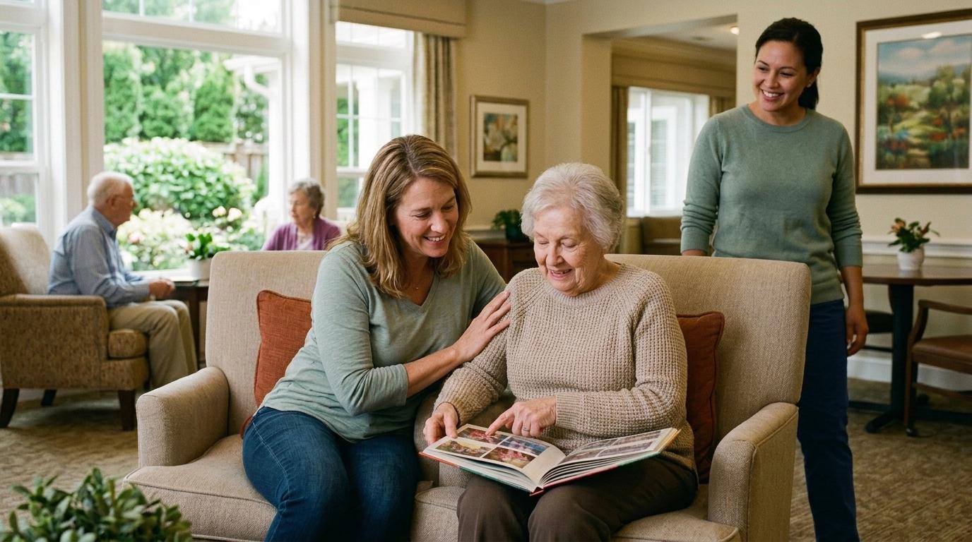 A smiling senior adult and their family member flip through a photo book in a bright common area of an assisted living community.