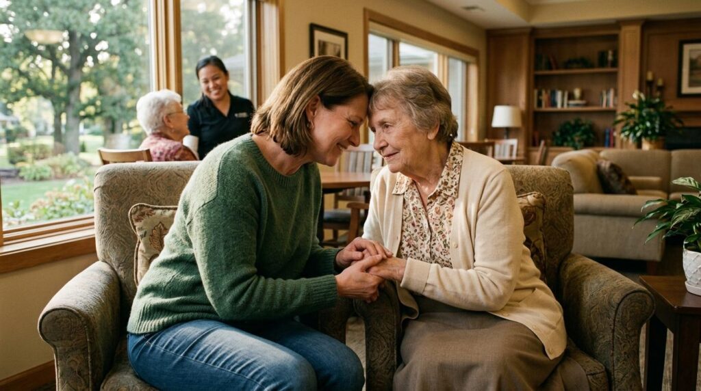 An adult caregiver sits with an aging parent, holding hands and offering comfort, reflecting the emotional weight that leads families to consider assisted living.