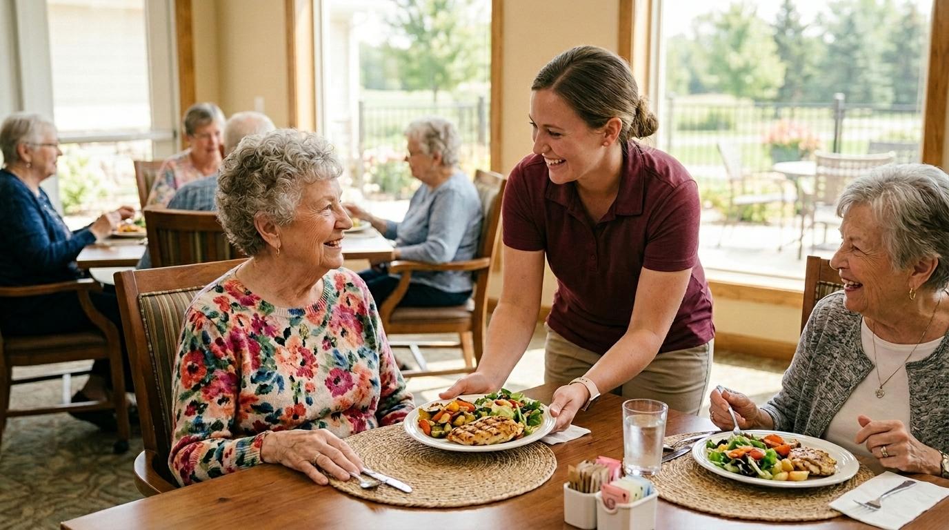 Smiling older adults enjoy a nutritious meal in a sunlit dining room.