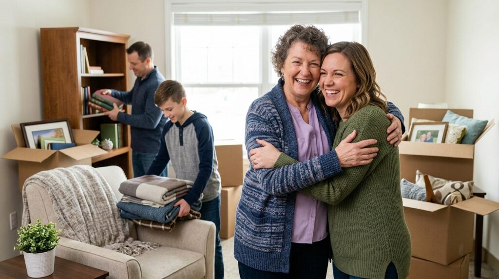 An adult helping a senior person unpack and settle into their new room on move-in day at a senior living community.