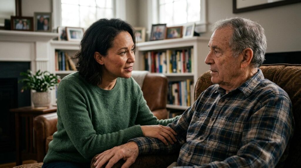 A young adult sits beside an older adult and looks at them while resting a hand on their arm.